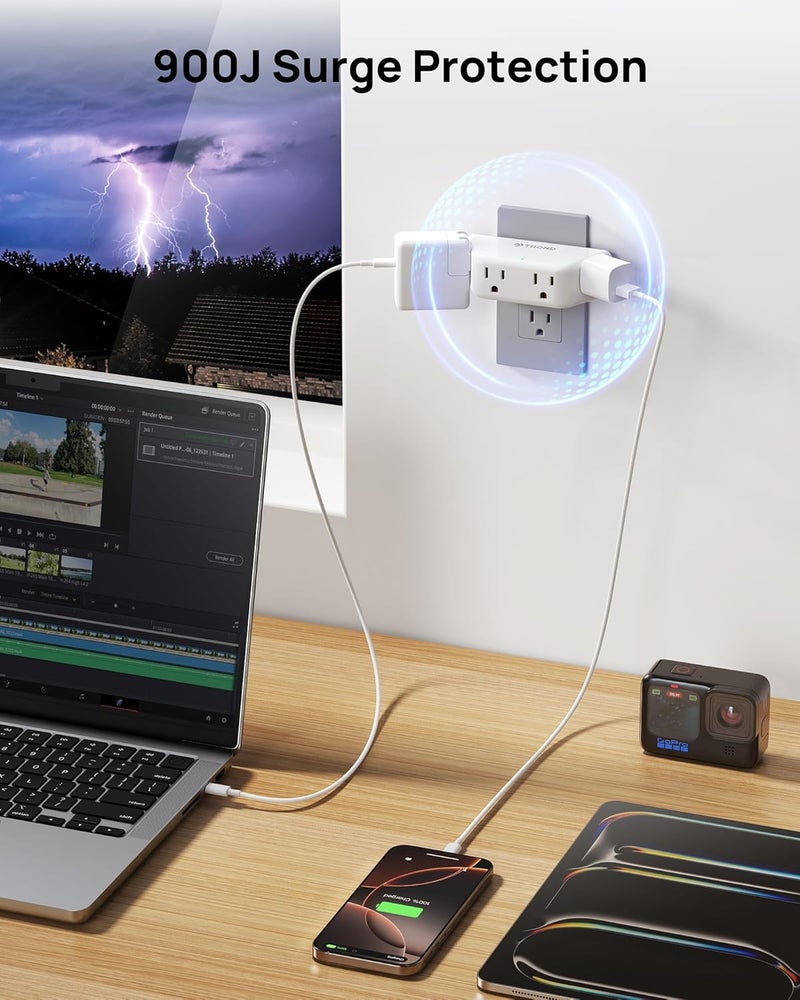 TROND Outlet Extender Surge Protector - Multi Plug Wall Outlet with 4 Grounded Sockets, 3 Way Angled Plug Adapter, 900J, Electrical Wall Splitter for Home Office Travel Dorm Room, White - Image 5